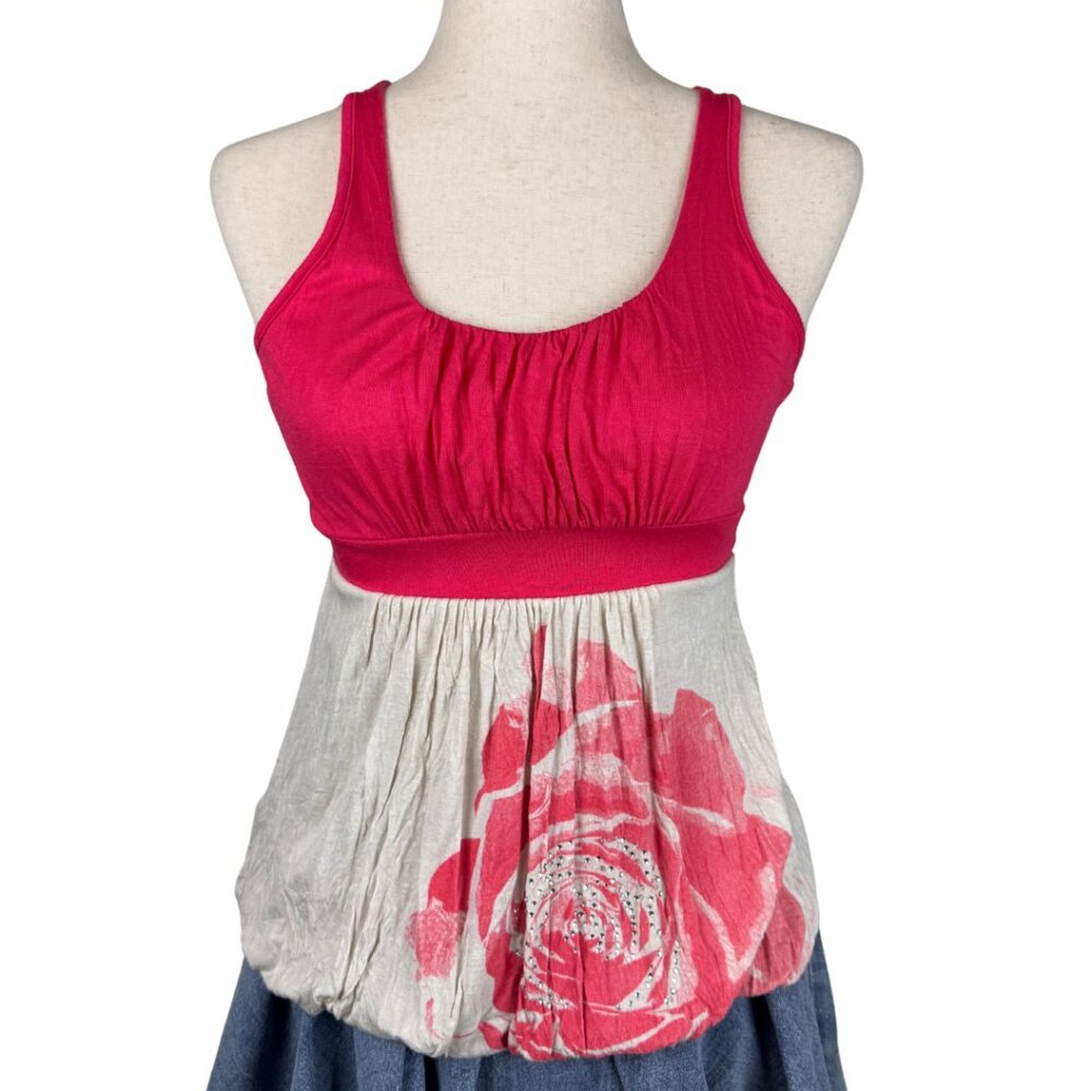 Rue21 Pink Rose Bubble Hem Tank Top Size S Y2K